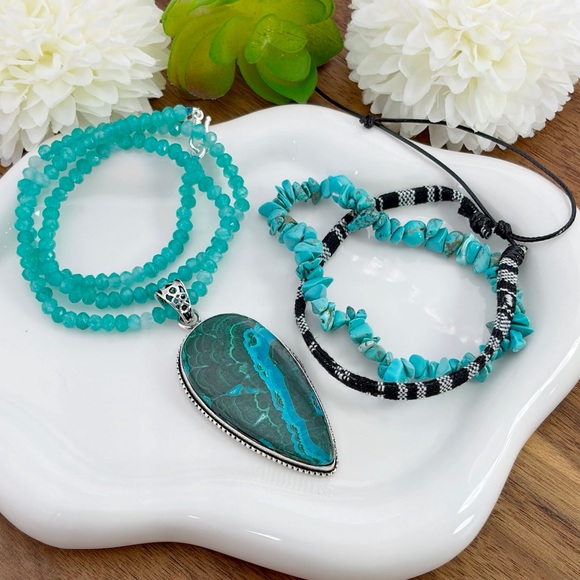 XL Malachite Chrysocolla Pendant Jewelry Set Sterling Silver 925 Overlay New - Picture 2 of 9